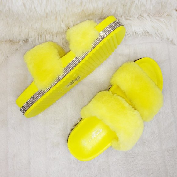 Mata Shoes - Fur Baby Yellow Soft Furry Double Band Slip on Rhinestone Trim Sandals Slippers